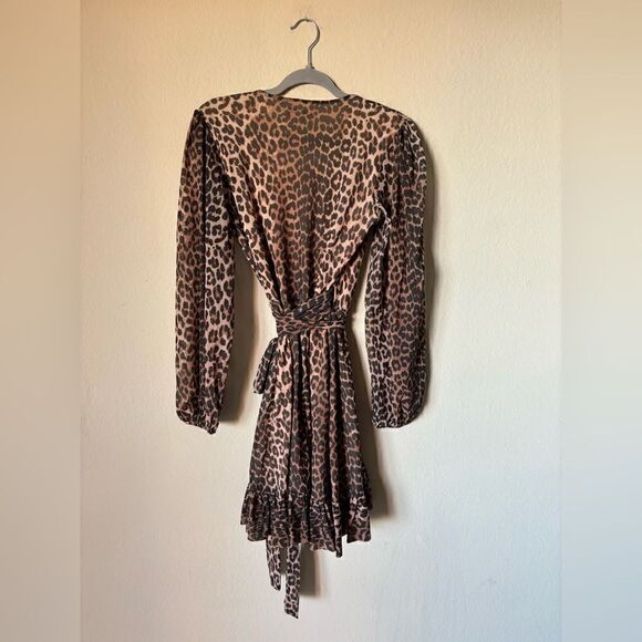 Ganni Mini Black Brown Dress Leopard Print Blouse Long Sleeve Wrap Size S - Picture 13 of 15
